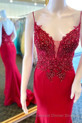 Straps Green Appliques Mermaid Long Semi Formal Prom Dress